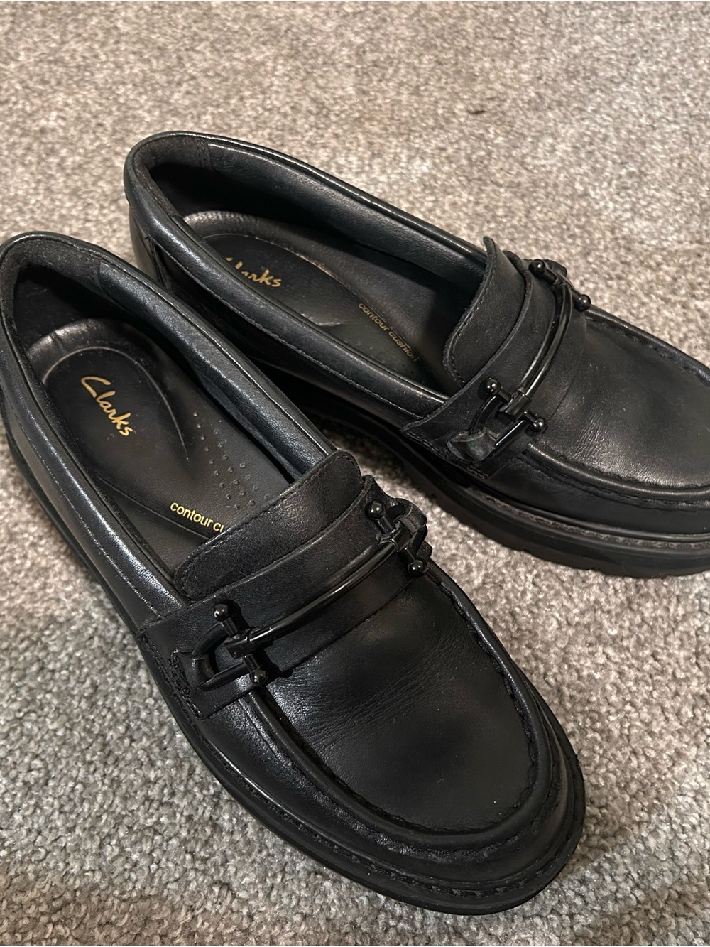 Clarks Black Leather Moc Toe Loafers with Metal Rider